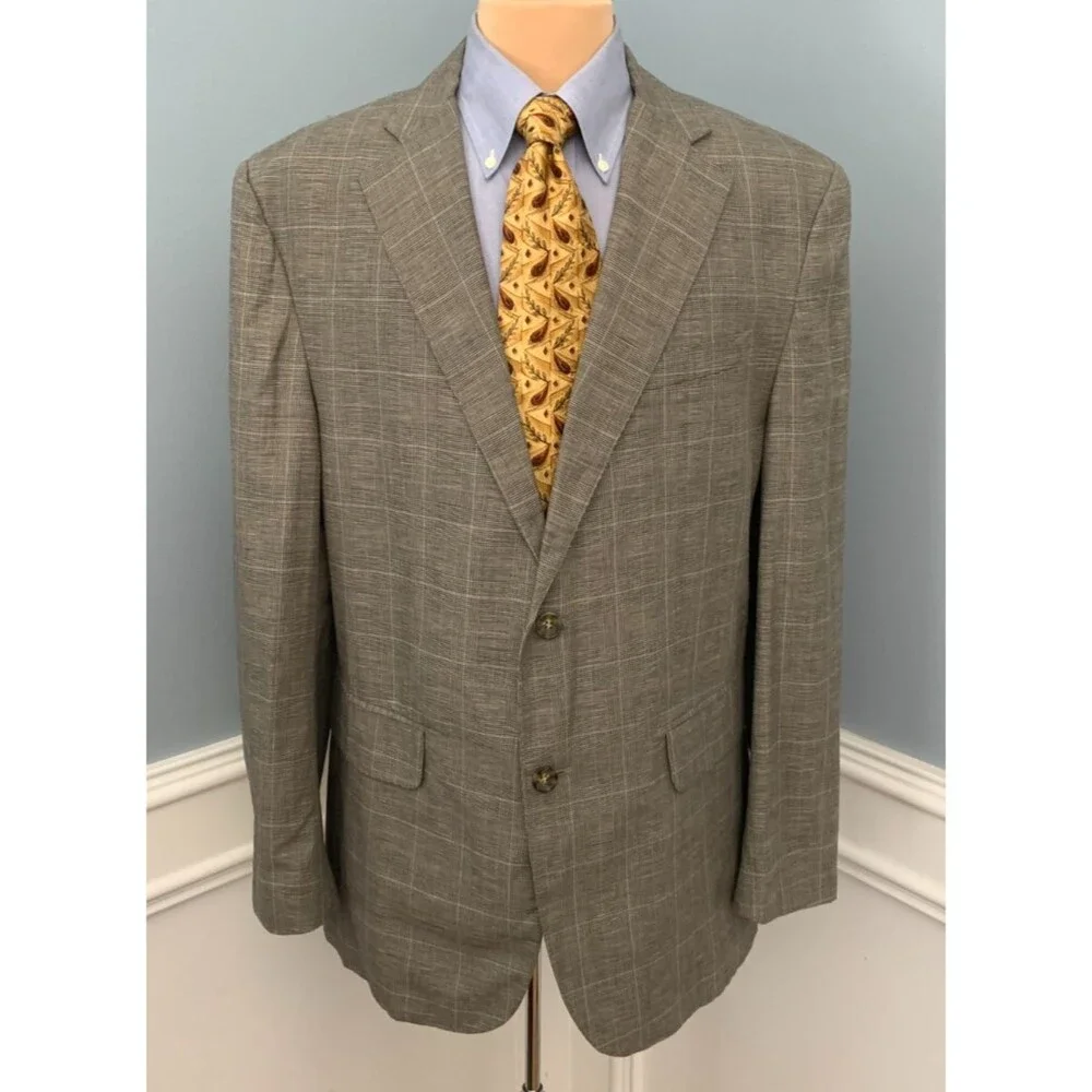 Banana Republic Blazer Mens 44R Linen Plaid Window Check Lined Jacket Sportcoat